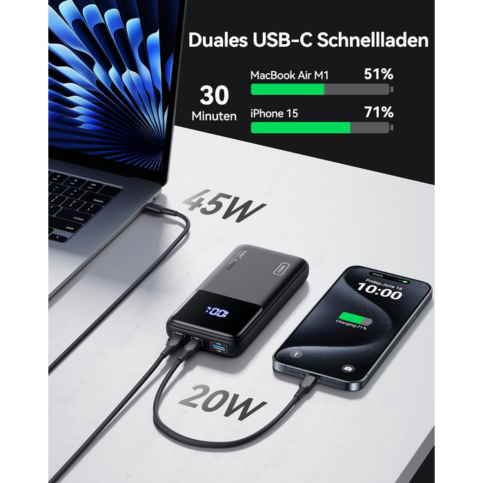 Повербанк INIU 65W 20000mAh для ноутбуків та смартфонів, швидка зарядка USB-C для MacBook, Steam Deck, iPhone, Samsung, iPad