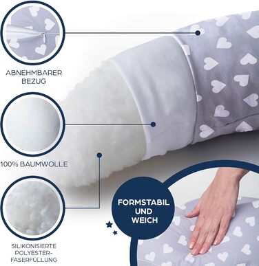Подушка для вагітних Niimo XXL+ 2-в-1 з функцією подушки для годування - з підпоркою, 100% бавовна, зручна та багатофункціональна, сіра з білими сердечками (200 x 70 см)