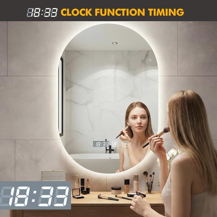 Дзеркало для ванної кімнати з підсвічуванням 50x70 см, з підігрівом, годинником, LED-підсвічуванням, сенсорною панеллю, функцією пам'яті, 3 кольори світла, регулювання яскравості
