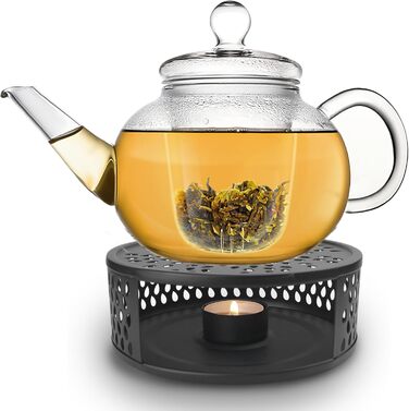 Скляна чайниця Creano з нержавіючою сталею та скляною кришкою - прес для заварювання листового чаю, без розливання (1.2л + чорна ложка)