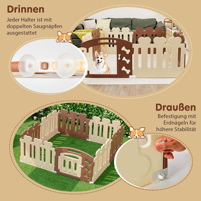 Вольєр для собак COSTWAY з 8 панелей, 60 см, з дверцятами, для дому та саду, HDPE пластик, бежевий + коричневий