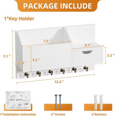Настінна органайзер для ключів з 6 гачками та шухлядою, дерев'яний, для дому, офісу (білий)