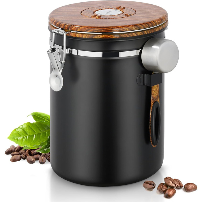 Каньора для кави 1 кг, нержавіюча сталь з дерев'яним декором, вакуумна каністра з CO2-клапаном, мірна ложка та індикатор дати, для кави, горіхів, какао