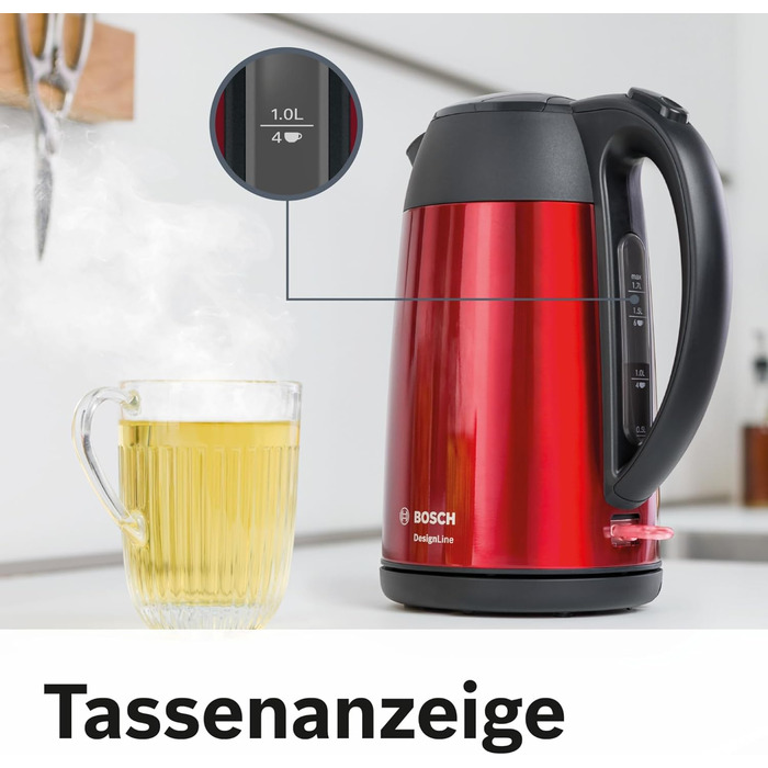 Електричний чайник Bosch DesignLine TWK3P424, 1.7 л, червоний, бездротовий, з індикатором рівня води та захистом від перегріву