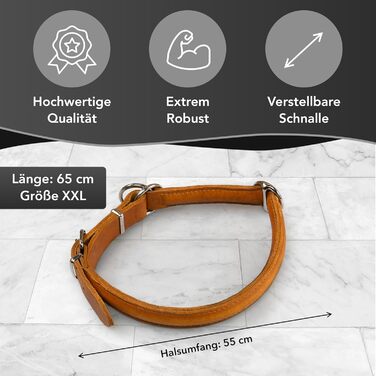 Rund & Weich - Stop-and-Go Dog Collar L - 55cm with Adjustable Buckle and Integrated Stable Core, Leather Collar with Pull Limiter, Gentle-on-Fur Stop, Cowhide Leather (65 XXL, Cognac)