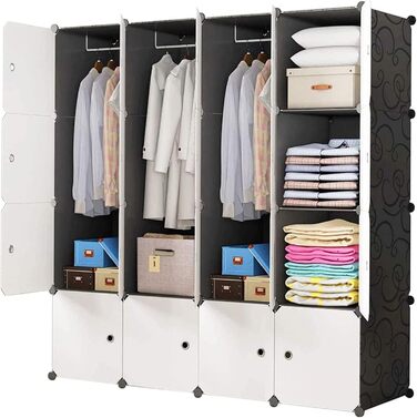 BRIAN & DANY 12-Cube Wardrobe, Modular Closet/Wardrobe Storage Shelf System, Plastic Closet with Doors & 2 Hangers, Additional Stickers Included (16 Cube, Black and White)