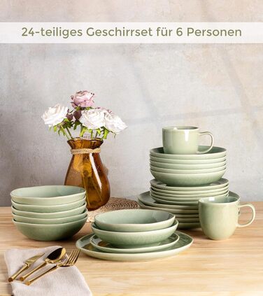 Набір глибоких тарілок GBhome з каменю 22см (24 шт.) - для супу, пасти, 6 персон, стійкі до подряпин, сумісні з мийкою та мікрохвильовкою, колір: спокійний зелений