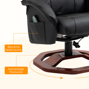 HOMCOM Massage Recliner with Footrest, 360° Swivel, Reclining Chair with Artificial Leather Upholstery, 73 x 83 x 106 cm for Relaxation