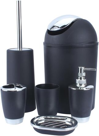 6-Piece Bathroom Set with Bin Soap Dish Dispenser Tumbler Toothbrush Holder, Plastic (black) Bathroom Set Beige