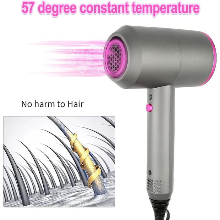 Іонний фен Faszin з AC-двигуном: професійний, 2 швидкості, 3 режими нагріву, кнопка холодного повітря, насадки-дифузор та концентратори (сірий)