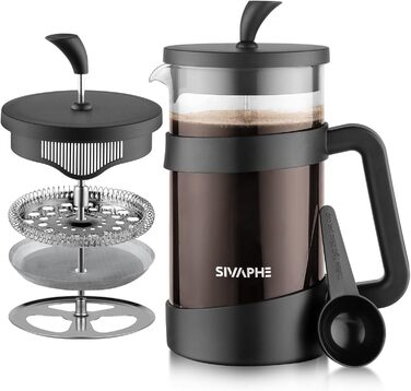 Френч-прес Sivaphe 1000 мл, чорний: кавоварка з тришаровим фільтром, термостійке скло, ложка