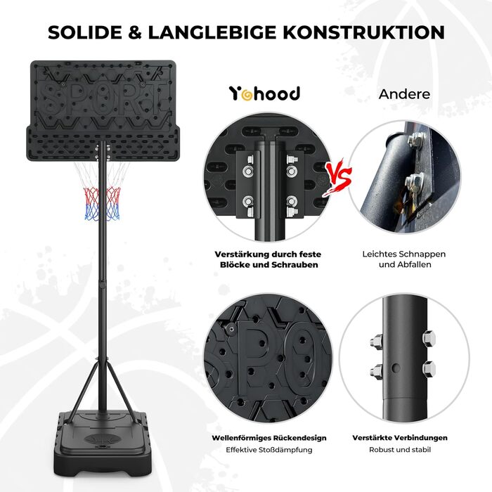 Adjustable Height Basketball Hoop for Kids - Indoor/Outdoor Portable Basketball Stand - Weatherproof Black