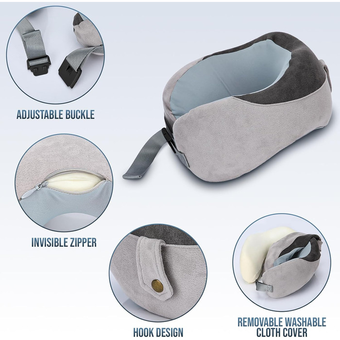 Подушка для шиї в літак, Memory Foam, м'яка, регульована та компактна, Ice Silk, для дорослих, ергономічна, з чохлом для зберігання (сіра)