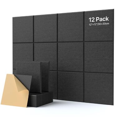 Акустичні панелі для шумоізоляції стін самоклеючі, квадратні звукопоглинаючі плити високої щільності, 30x30x0.9 см, чорні, 12 шт.