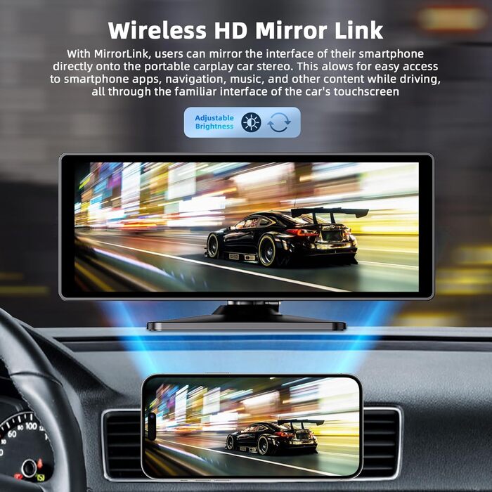10.26-дюймовий бездротовий дисплей CarPlay/Android Auto для авто з 4K відеореєстратором, 1080P камерою заднього виду, GPS, Bluetooth, FM, 64 ГБ, підтримка Siri/Google Assistant, Mirror Link