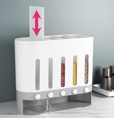 Диспенсер для мюслі, настінний, 5-секційний контейнер для сухих продуктів, круп, рису, бобів, кукурудзяних пластівців