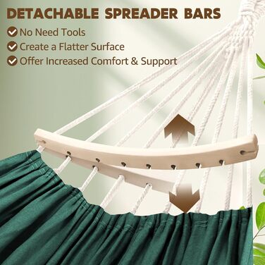 Chihee Hammock - Cotton, Large, Soft, Breathable Camping Hammock - Holds up to 300kg - Portable Tree Hammock with Detachable Spreader Bar, Head Pillow, 2 Strong Straps, 2 Carabiner Hooks (Dark Green)
