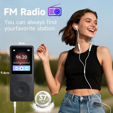 MP3 плеєр 32GB з Bluetooth 5.3 та динаміком, FM-радіо, диктофон, HiFi звук, фізичні кнопки керування, чорний