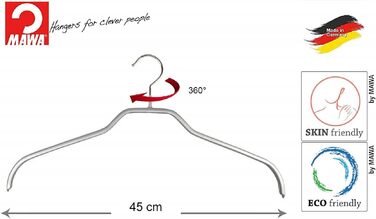 MAWA Clothes Hangers, Set of 10 Space-Saving and Non-Slip Hangers, Ideal for Shirts and Blouses, with 360° Swivel Hook, Non-Slip Coating, 45 cm, Silver