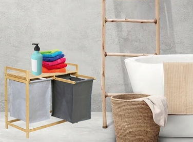 Подвійний бамбуковий кошик для білизни 80л Premium Loft — вільностоїчавий стелаж