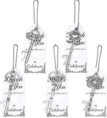 Aokbean Vintage Bottle Opener 100pcs Skeleton Wedding Gifts Guest Memorial Favor Set with Thank You Card and Chain for Wedding Birthday Baptism Party Gifts (Antique Silver)