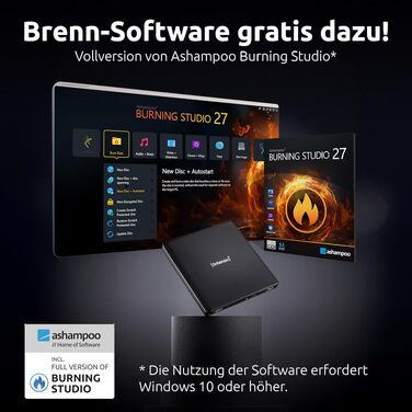 Зовнішній CD/DVD привід Intenso EOD 400D Slim, USB 3.2, для ноутбука та ПК, кабель USB-C та USB-A, Plug & Play для Windows та MacOS, чорний