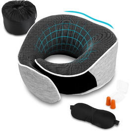 Подушка для шиї з піною з пам'яті Memory Foam, комплект з маскою для очей, берушами та чохлом, ергономічна туристична подушка (світло-сіра)