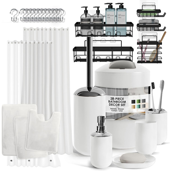 Комплексний набір аксесуарів для ванної кімнати Clara Clark: 25 предметів, салатовий колір, органайзер для душу, шторка для душу, щітка для унітазу, сміттєвий бак, килимок для ванної кімнати