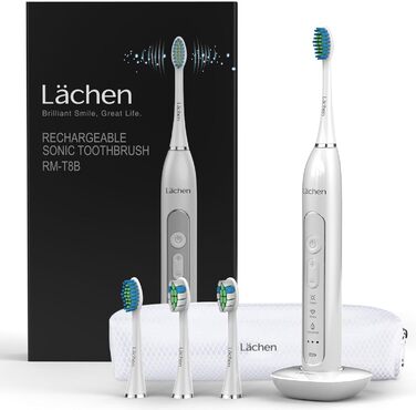 Електрична звукова зубна щітка Lächen Sonic RM-T8B з 4 насадками, таймером, 3 режимами та 3 рівнями вібрації, білий