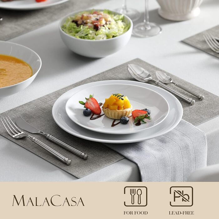 MALACASA, Amelia Series, Dinner Set for 12 People, 48-Piece Porcelain Tableware Set, White Combination Service, with 12 Dinner Plates, 12 Cake Plates, 12 Soup Plates, and 12 Bowls, White 48-Piece