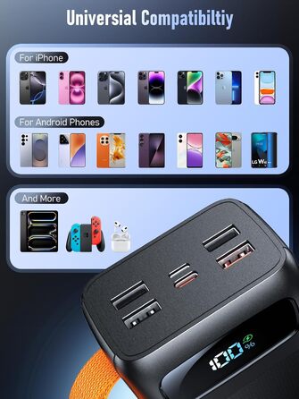 Портативний зарядний пристрій Power Bank 50000mAh з PD 30W, LED-дисплеєм, 7 виходами, ліхтариком та USB-C кабелем. Чорний.