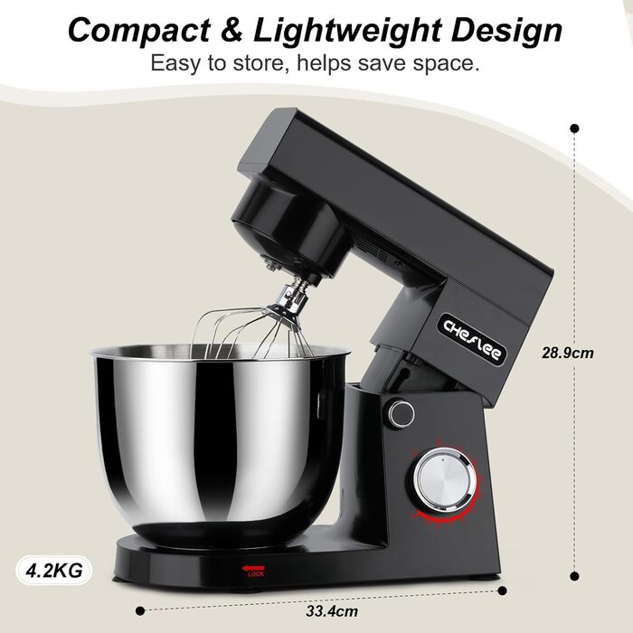 Кухонна машина Cheflee 1500W з чашами 4.5L та 5.5L з нержавіючої сталі, 10+ швидкостей, міксер з гаками для тіста та вінчиком, сплеск-захист (Чорний)