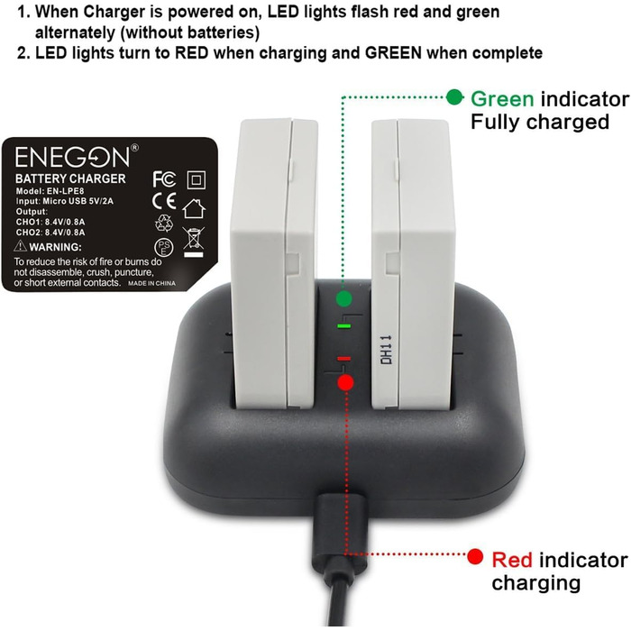 Запасні акумулятори ENEGON (2 шт) та зарядний пристрій Rapid Dual для Canon LP-E8 (EOS Rebel T2i, T3i, T4i, T5i, 550D, 600D, 650D, 700D, Kiss X4, X5, X6, LC-E8E)
