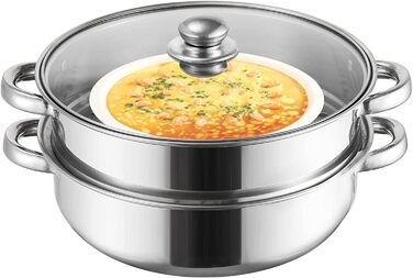 Пароварка ZENFUN 2.1L з вставкою, набір з 2 рівнів, нержавіюча сталь, кришка з термостійкого скла, для приготування їжі, подвійні ручки, 28 см