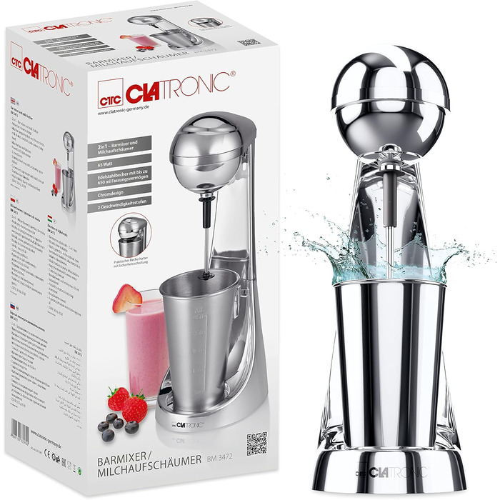 Блендер Clatronic BM 3472 для приготування смузі та напоїв | 650 мл, нержавіюча сталь, 2 швидкості, 65 Вт