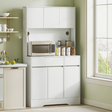 HOMCOM Kitchen Cabinet Buffet with Countertop, 6 Doors, Tall Cabinet with Adjustable Shelves, Cable Holes, Microwave Cabinet Modern Storage Cabinet, White, 100 x 38 x 180 cm | Aosom