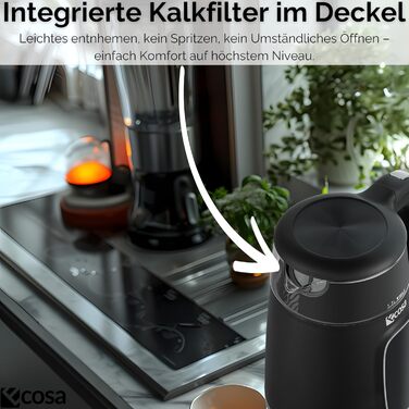 Електрочайник Ecosa® зі скляною колбою та регулюванням температури, 1,7 л, 2200 Вт, не містить BPA, з підігрівом та LED-підсвічуванням (Black Pearl)