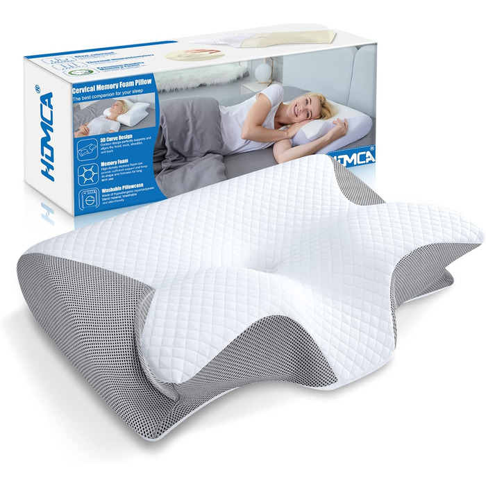 Ортопедична подушка HOMCA 2 в 1 з Memory Foam для сну на спині, боці та животі, 60x40x12/14 см, сіра