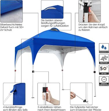 Yaheetech Pop-Up Gazebo 2.4 x 2.4 m, Height Adjustable Garden Gazebo, Waterproof & Sun Protection Party Tent Garden Tent with Rolling Carry Bag for Outdoor Market Garden Yard, Blue