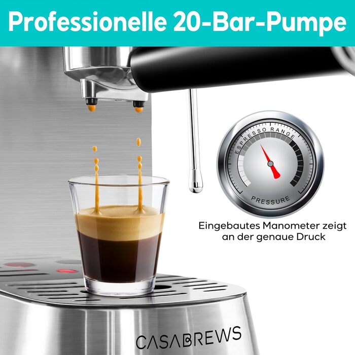 CASABREWS Espresso Machine 20 Bar, Stainless Steel Espresso Machine with Professional Milk Frother, Small Coffee Machine Espresso for Cappuccino, Latte & Macchiato, 1L Water Tank, silver A-silver