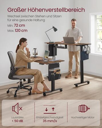 VASAGLE Electric Height Adjustable Desk, 60 x 120 x (72-120) cm, Memory Function, Wood & Steel Frame, Vintage Brown