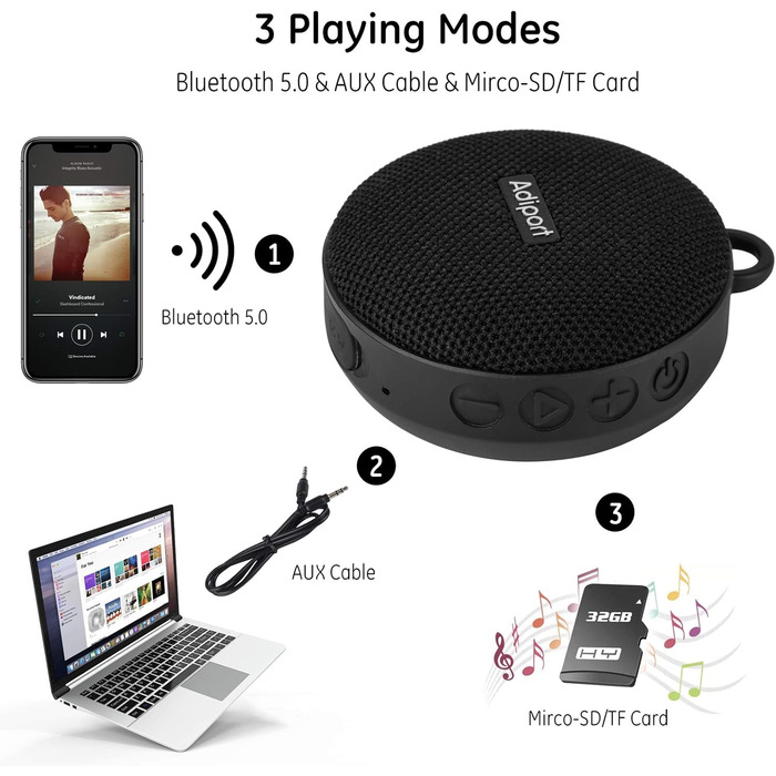 Adiport Bluetooth-колонка для велосипеда, BT 5.0, покращений бас, гучний звук, 10 годин роботи, водонепроникна IPX7, ударостійка, для вуличних поїздок