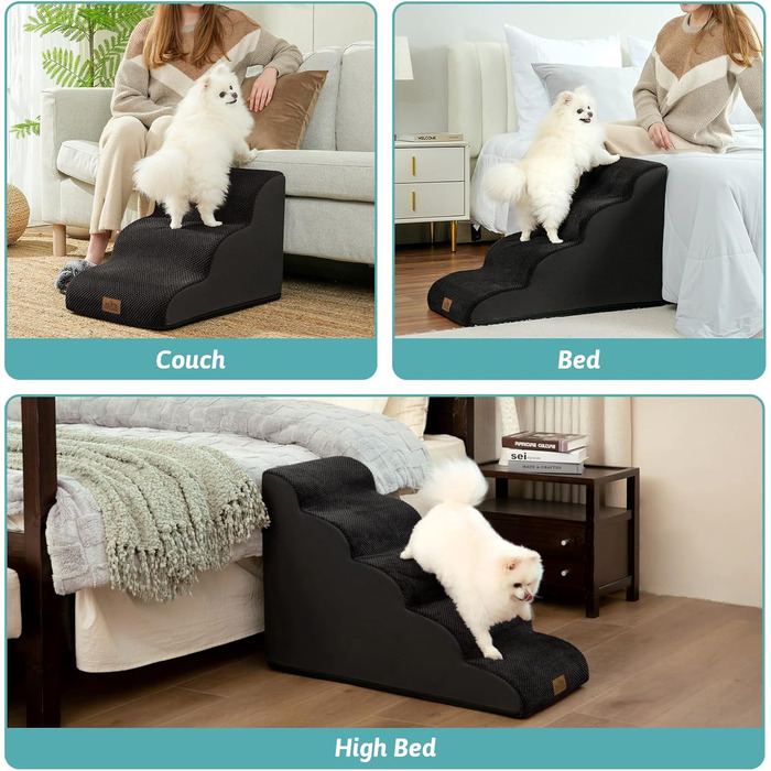 Сходинки для собак: компактні сходи для маленьких собак, 3 сходинки, чорний колір, 40x57x40 см, з миючим покриттям та протиковзким дном