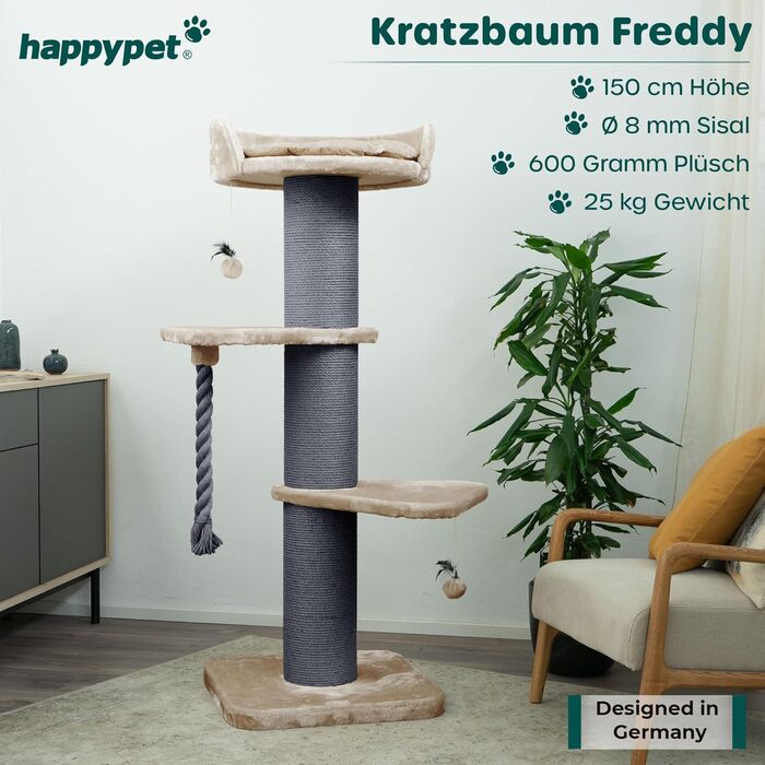 HAPPYPET Преміум Дряпка для котів 'Фредді' – великий котячий комплекс, 150 см, для Мейн-куна, сизаль, товсті стовпчики (20 см) – капучино