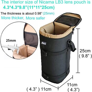 Сумка для об'єктиву Nicama LB2 Deluxe для Canon RF 800, 70-200, 100-400, 28-300, Nikon AF-S 200-500, 70-200, 80-200, 80-400, Sigma 150-500, 150-600, Tamron SP 150-600, 70-200mm та інші з блискавкою (LB3 (розмір внутрішнього відділення 11x11x25см))