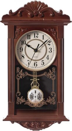 Clockwise Vintage Grandfather Wood-Look Plastic Pendulum Decorative Battery-Operated Wall Clock Brown for Office, Home Decor, Living Room, Kitchen or Dining Room, Brown