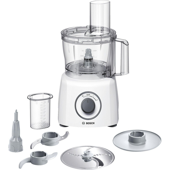 Bosch Compact Kitchen Machine MultiTalent 3 MCM3100W, 20 Functions, Mixing Bowl 2.3 L, Universal Knife, Slicing/Grating Disc, Whisking Beater (for cream), Funnel, Lid, 800 W, white, 800 W Accessory Package Large Single