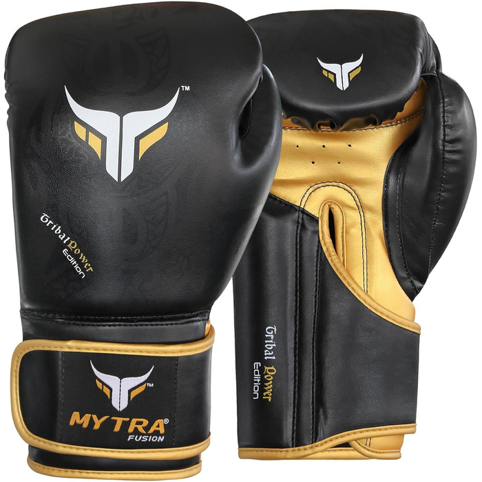 Боксерські рукавички MyTra Fusion 10oz, 12oz, 14oz, 16oz для MMA, боксу, спарингу, муай-тай, кікбоксингу (чорний/золотий)