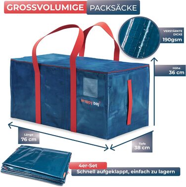 4-Pack Large Plastic Storage Bags – XXL Bags for Moving & Travel – Sturdy, thick & waterproof with reinforced handles – for clothing & bedding – 75 x 36 x 38 cm