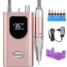 Електричний фрезер для нігтів Delanie 35000 об/хв: набір для манікюру з насадками, регулювання швидкості та напрямку, рожеве золото